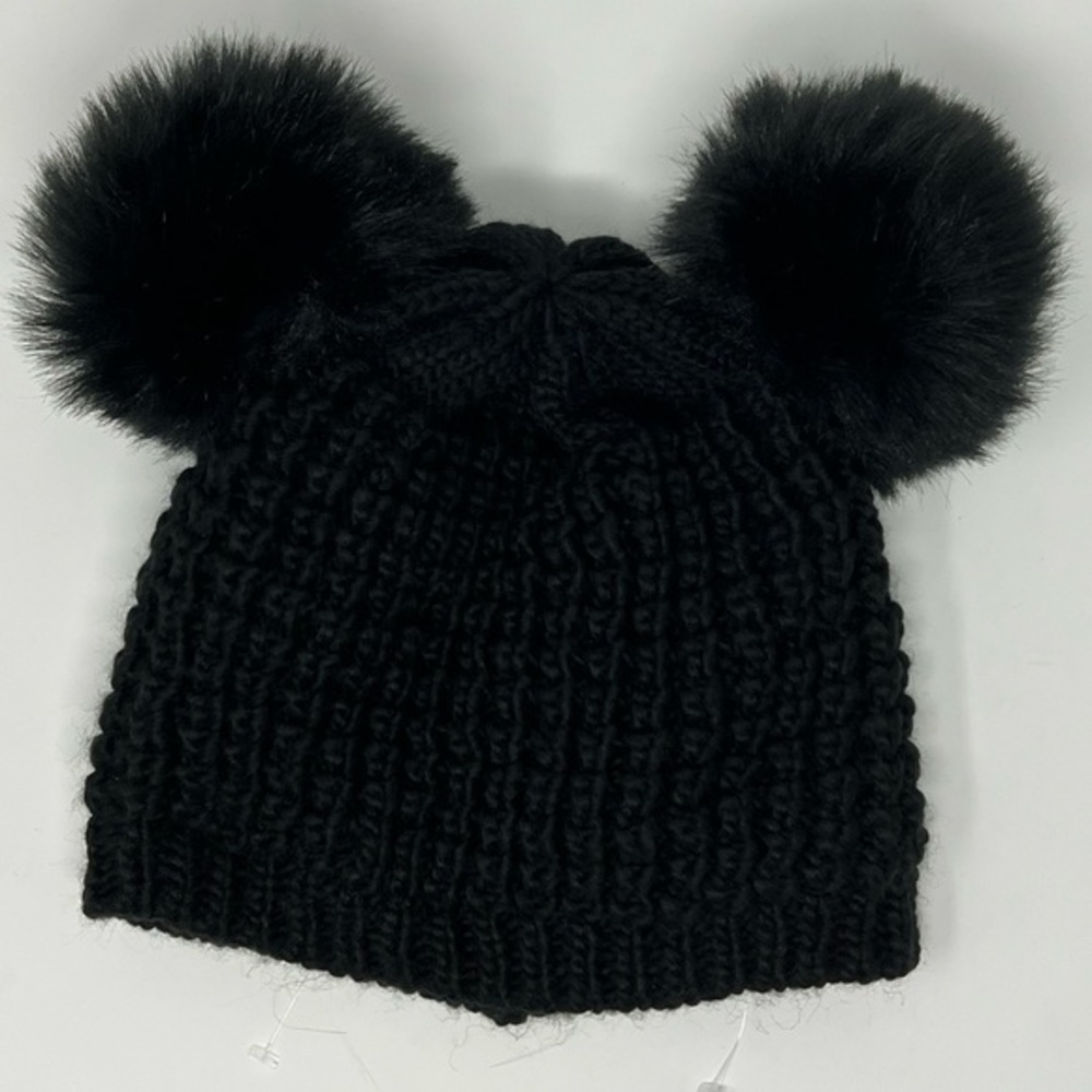Kyi Kyi Canada Black Knit Beanie with Faux Fur Double Pom Pom | NWT